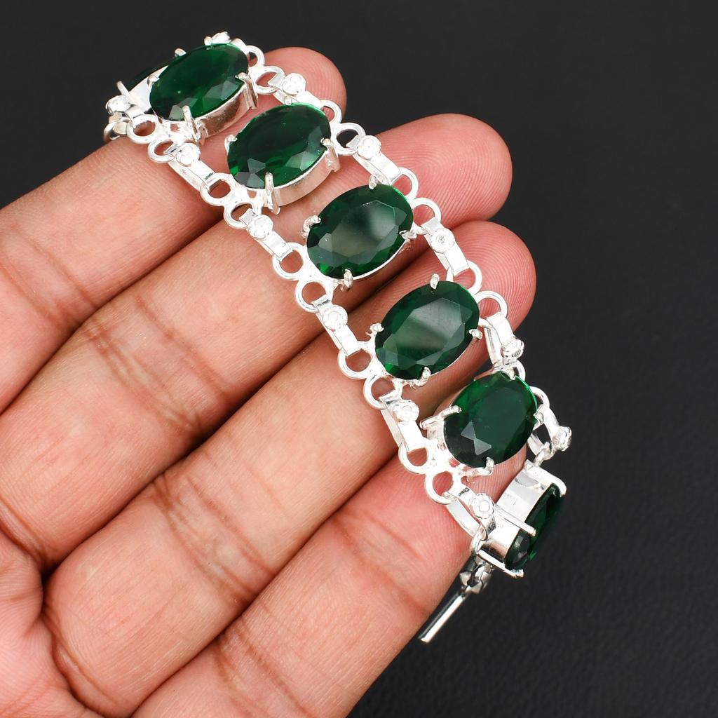 Green Quartz Oval Gemstone Bracelet for Women 925 Sterling Silver Plated Adjustable Statement Jewelry Gift