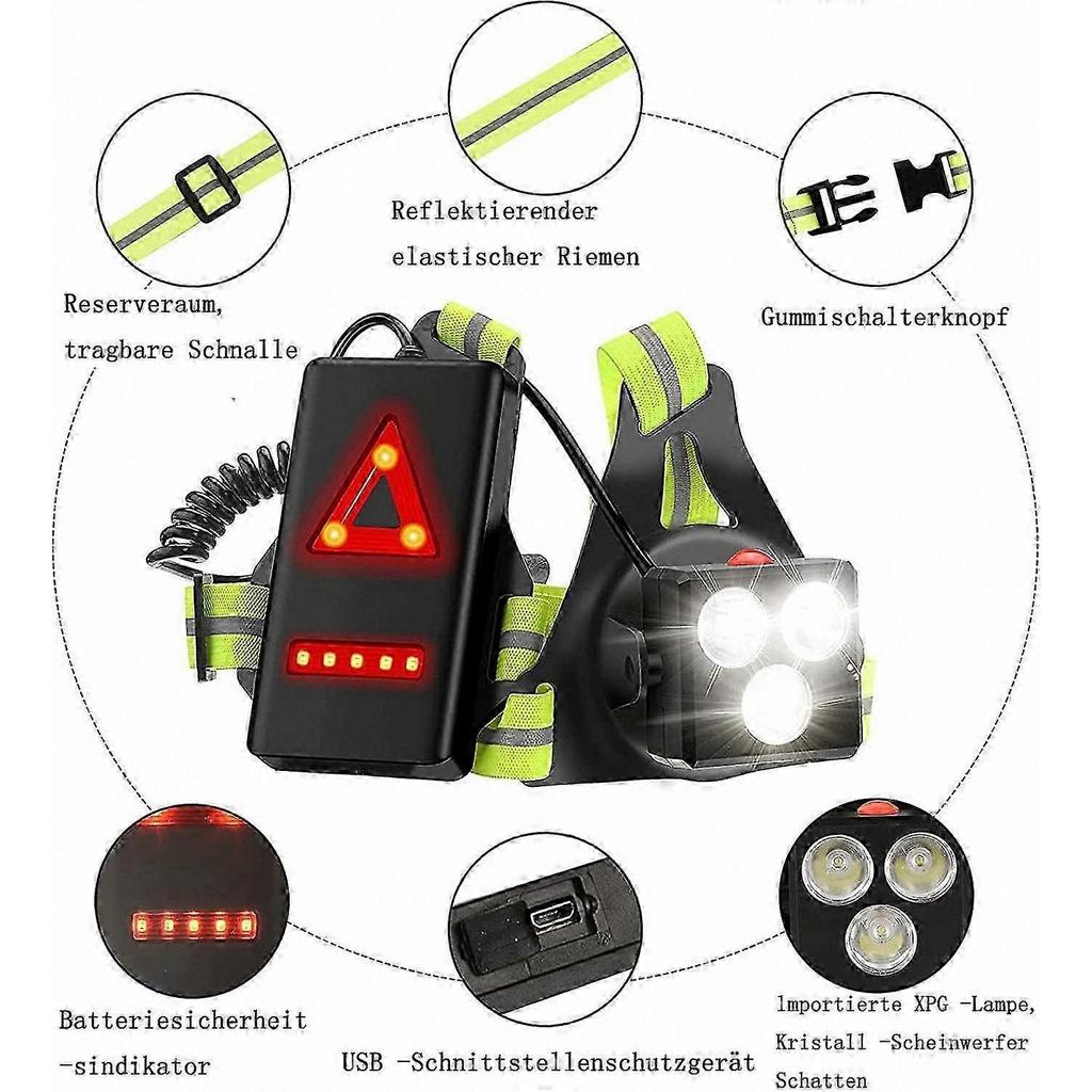 LED-Brustleuchte zum Laufen, Wandern und für Outdoor-Aktivitäten - USB-wiederaufladbar mit Sicherheitslichtern und Lichtstreifen