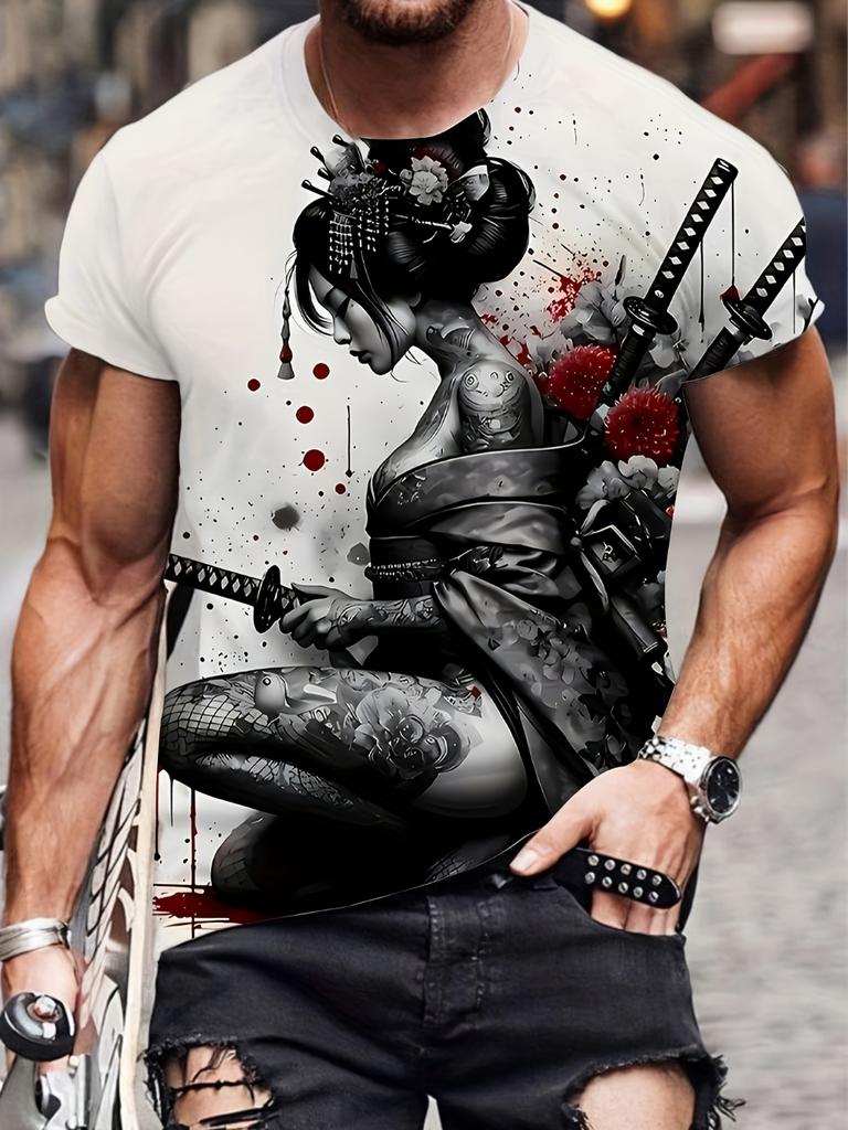 Japanese Geisha 3D Printing Men's Lightweight Breathable T-shirt Street Trend Fashion Wear Casual Sports Top Moisture Wicking