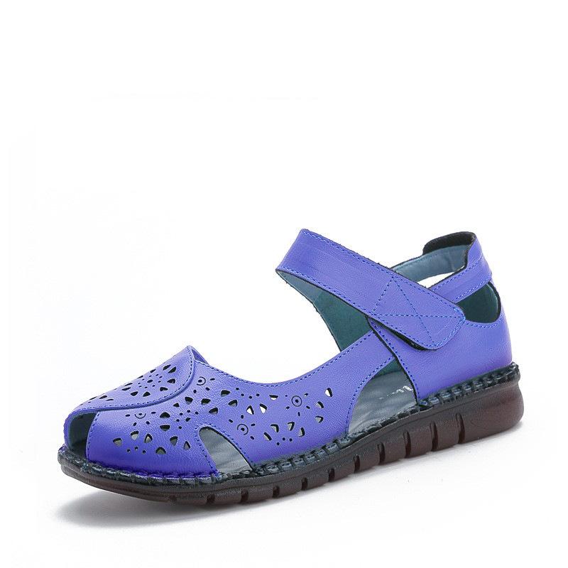 Leather new summer fish mouth women's sandals hollow hole soft sole comfortable flat bottom breathable women's shoes non-slip
