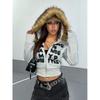 Sweat à capuche oversize court pour femme avec bordure marron pelucheuse Streetwear Pull