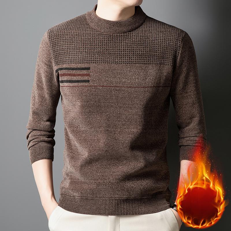 

Мужской осенне-зимний повседневный теплый свитер средней длины однотонной вязки с круглым вырезом 3XL темно-коричневого