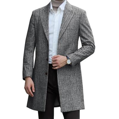 Autumn Winter Men's Striped Woolen Coats England Style Business Casual Turn Down Collar Long Outerwear