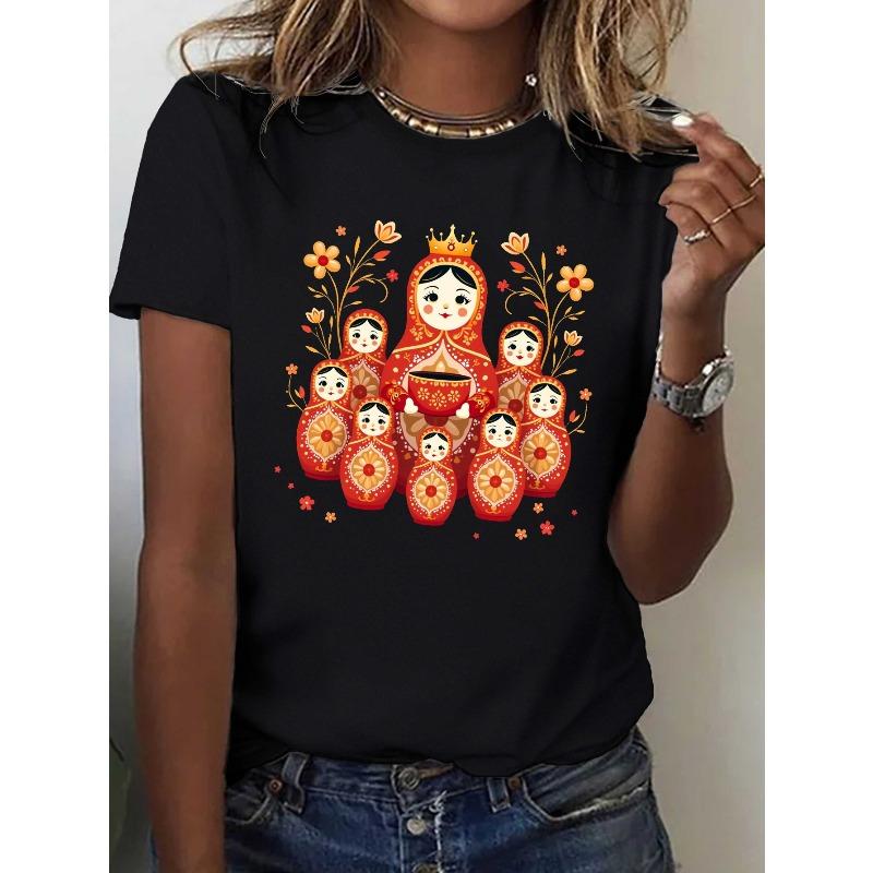 Women's Black & Red Russian Matryoshka Doll Print T-Shirt Casual Crew Neck Short Sleeve Christmas Top