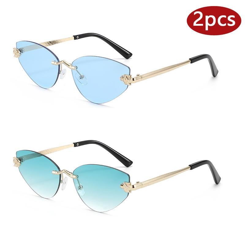 2Pcs Fashion High Quality Cat Eye Rimless Sunglasses For Women Design Gradient Color Uv Protection Sun Glasses Outdoor Shades