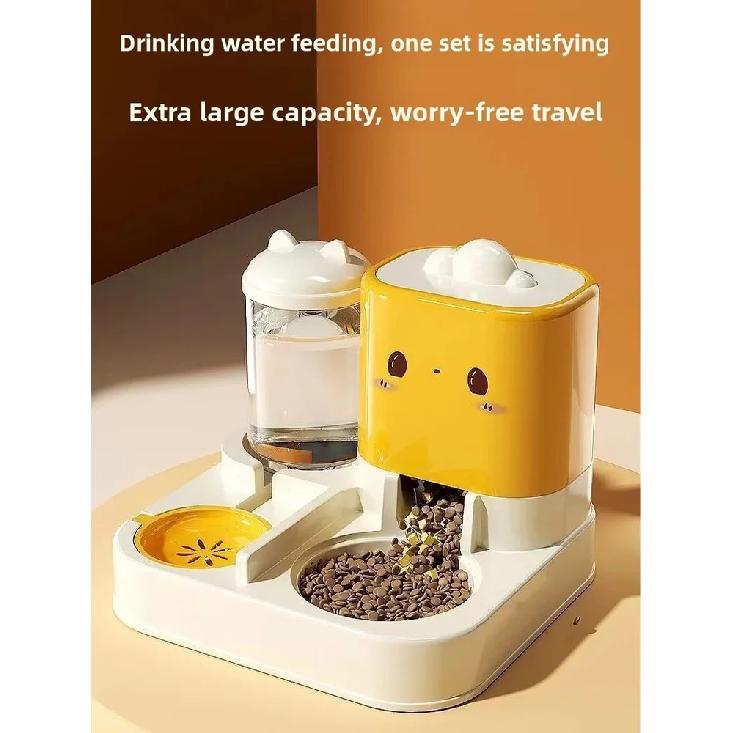 Cute Smiling Cat Automatic Feeder And Water Dispenser Dual Use Pet Feeding Organizer Food Water Bowl For Cats And Small Dogs
