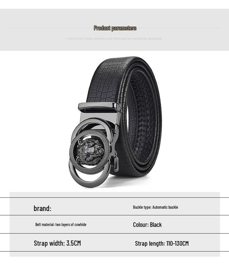 Men's Genuine Leather Belt with Lion Head Automatic Alloy Buckle