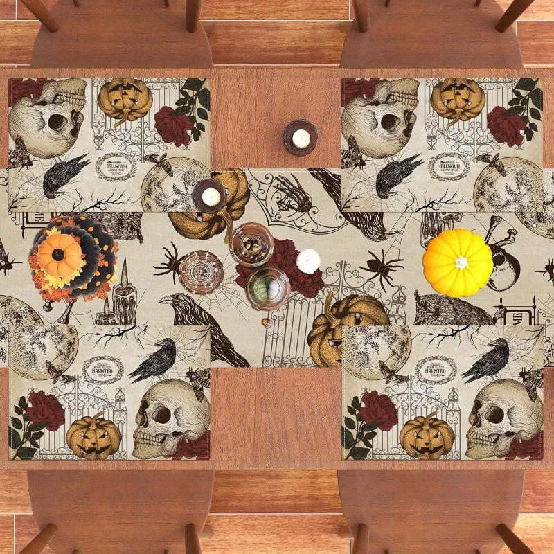 2Pcs Placemats Halloween Gothic Skull Table Mats Day of The Dead Roses Skull Decor Easter Decorations and Supplies for Home Kitchen