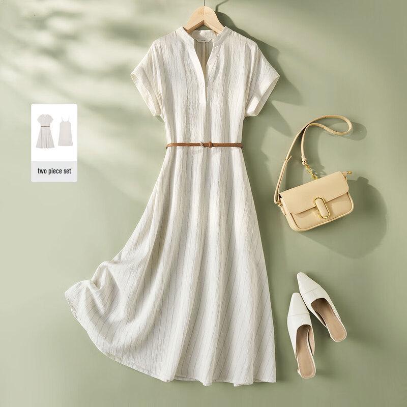 IHIMI Striped Cotton Linen Blend Dress & Camisole Set XL