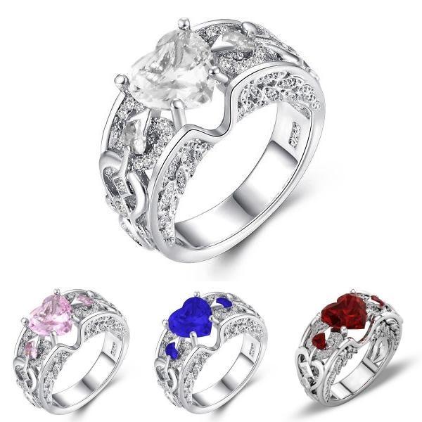 Elegant Women Ladies Rhinestone Princess Heart Shape Jewelry Wedding Ring