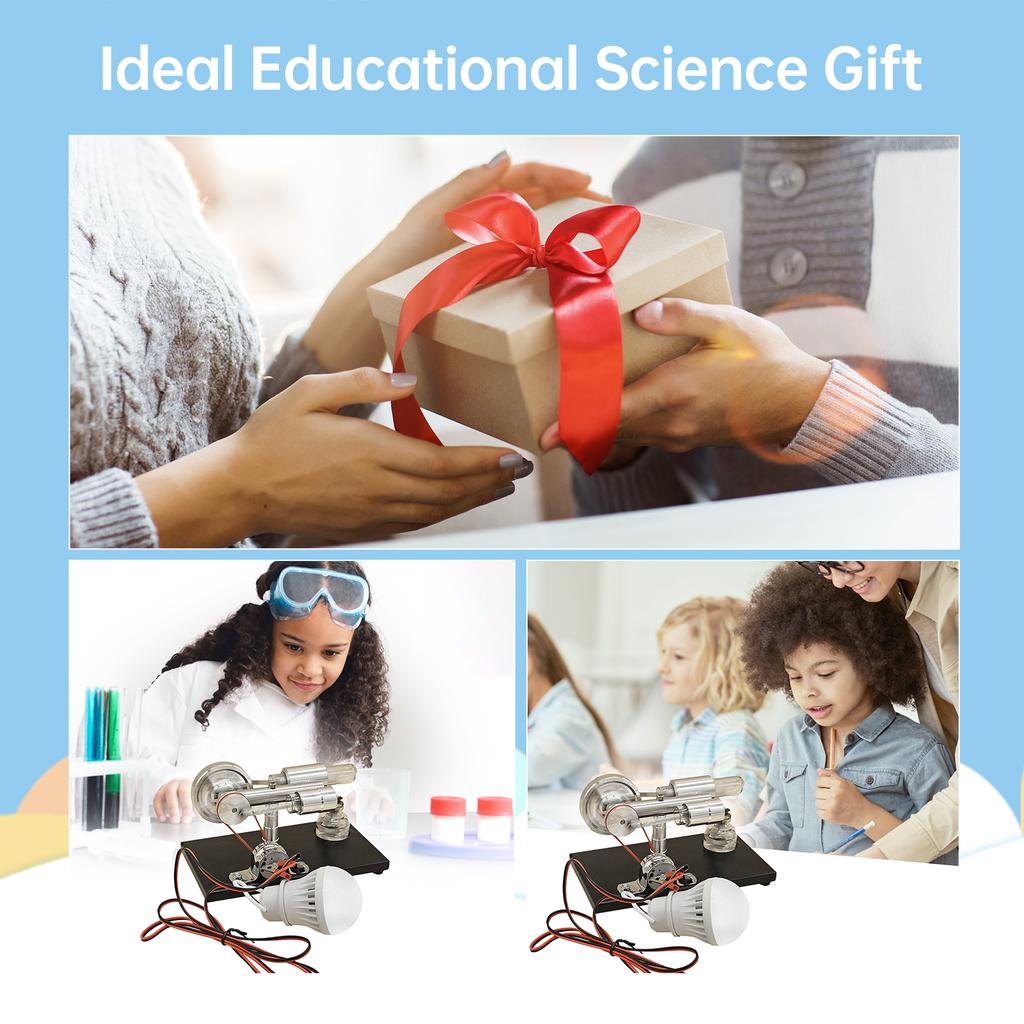 Hot Air Stirling Engine Electricity Generator Motor Model with LED Bulb Flywheel Design Science Experiment with CNC Aluminum Alloy Base DIY Education