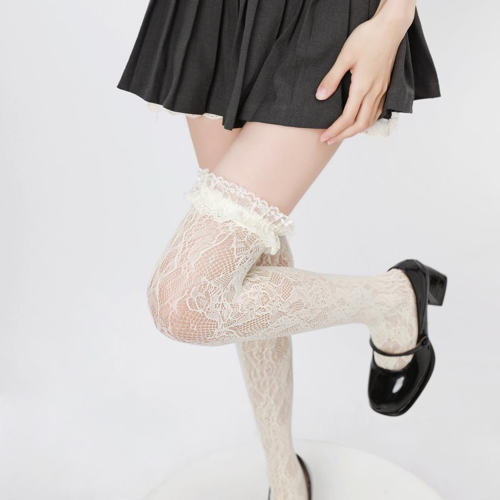 Summer Lolita style lace over-the-knee socks with jacquard hollow mesh design Lolita Girl's Lolita Short Socks