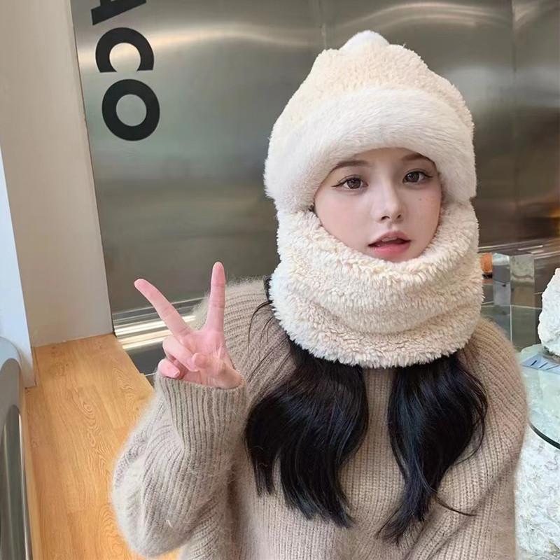 Hat women's scarf integrated new autumn and winter windproof cycling warm plush hat pullover hat high top cold hat