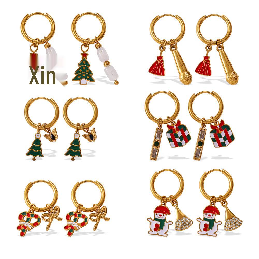 Creative Cartoon Christmas Tree Pendant Earrings, 18K Gold-Plated Stainless Steel