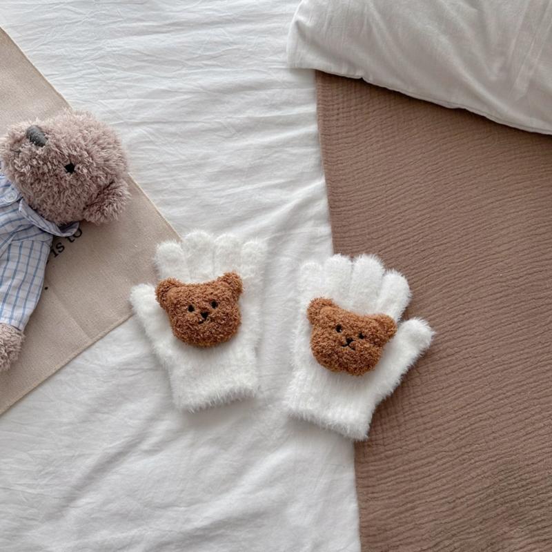 Stylish Fleece Baby Gloves Comfortable Winter Mittens with Lovely Bear Pattern Elastic Handwear Suiatble for Children