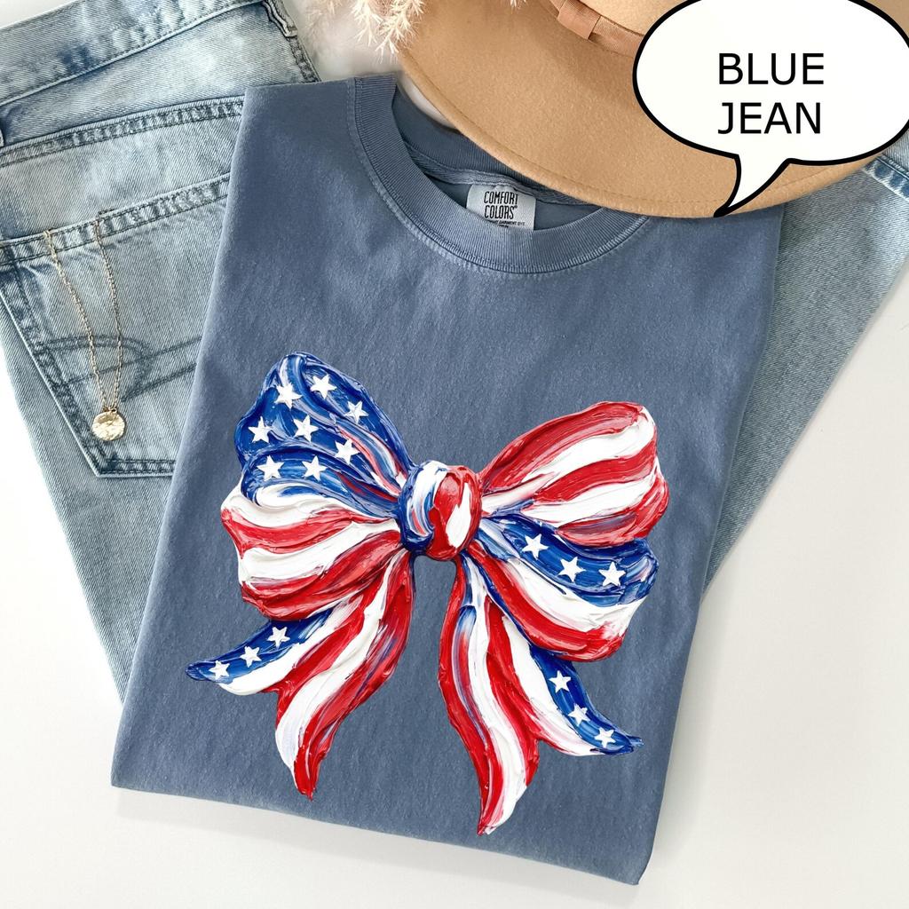 Comfort Colors® American Bow T-Shirt, Coquette Bow Shirt, 4th Of July Party Shirt, Patriotic Woman Gift, American Flag Shirt