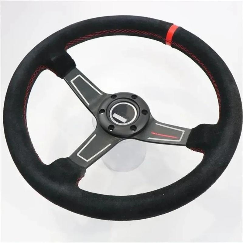 14 inch 350MM Suede Shallow Concave Steering Wheel with Red Stitching,Universal Racing Sports Steering Wheel