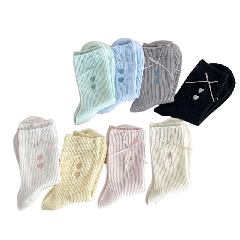 Bow Socks, Women's Mid-calf Socks, Spring and Summer Pile Socks, Embroidered Heart-shaped Trendy Cotton Socks, Long Pile Socks