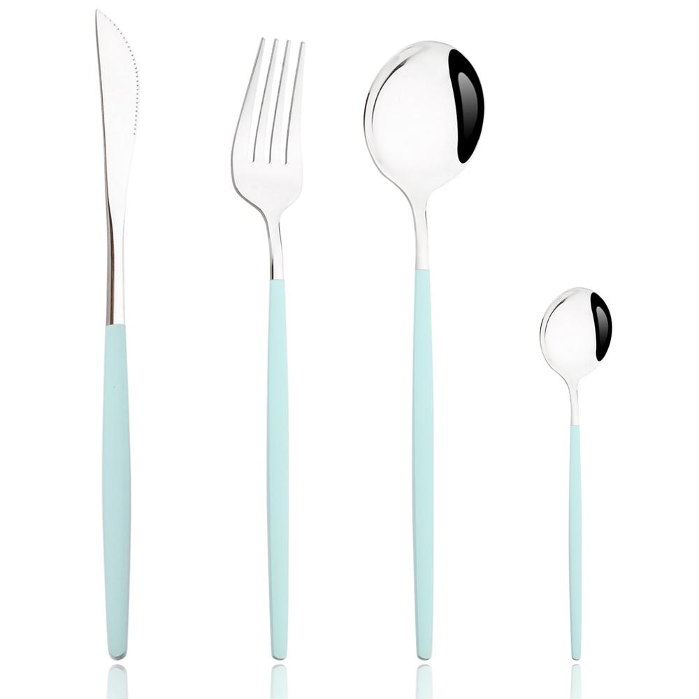 Drmfiy Pink Silver Stainless Steel Dinnerware Set Fork Knife Soup Ice Spoon Cutlery Set Western Flatware Kitchen Silverware Set