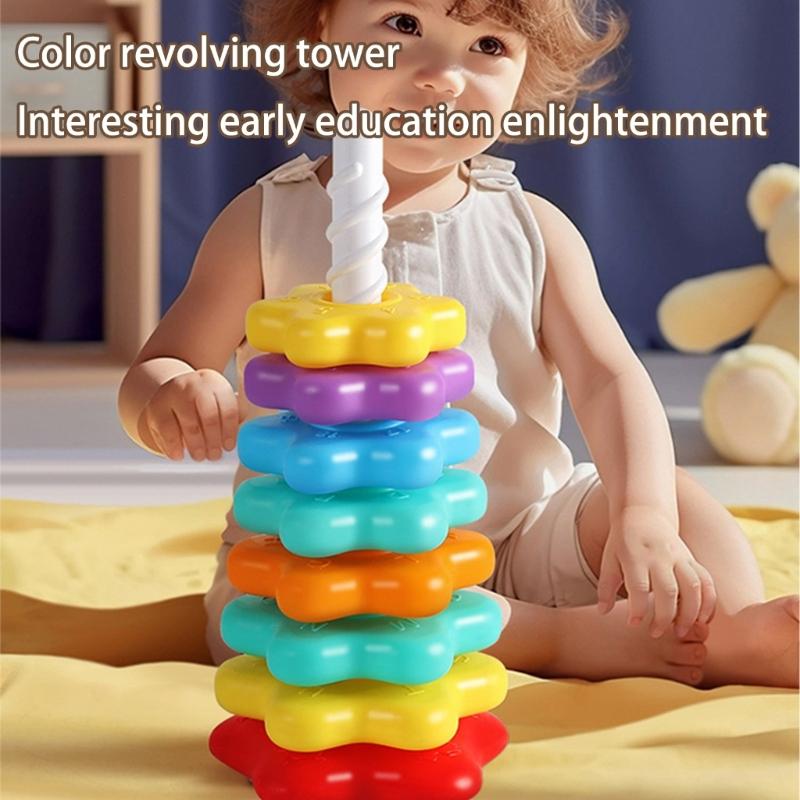 Interactive Rotating Stacking Tower Educational Toy for Toddler Motor Skill Building Colorful Color Sorting Activity Game