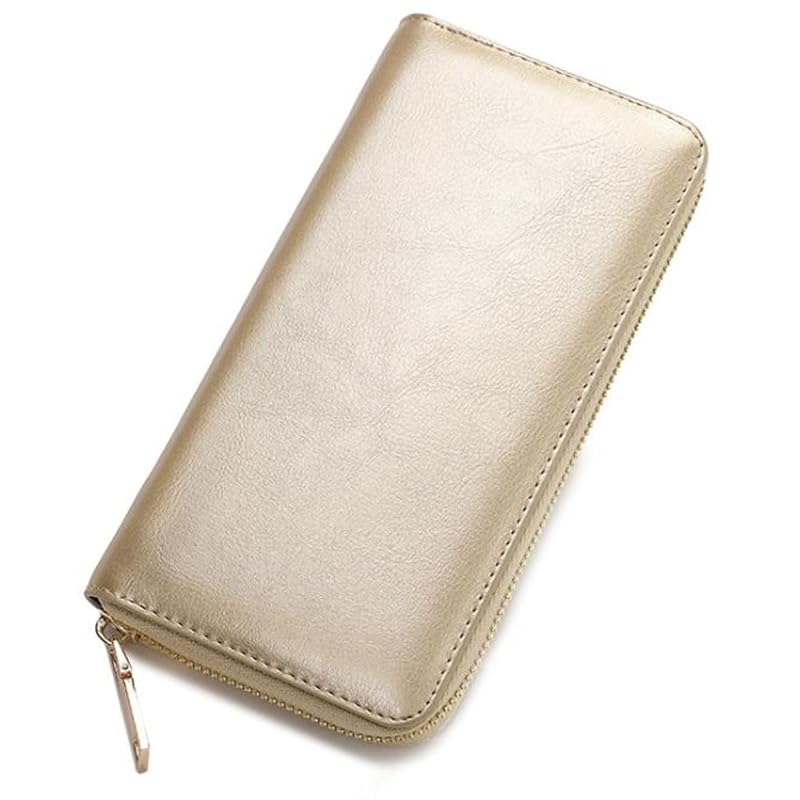 

soft leather long wallet cordovan leather look round zipper unisex large capacity cowhide Shiny wallet coin purse simple design (gold)