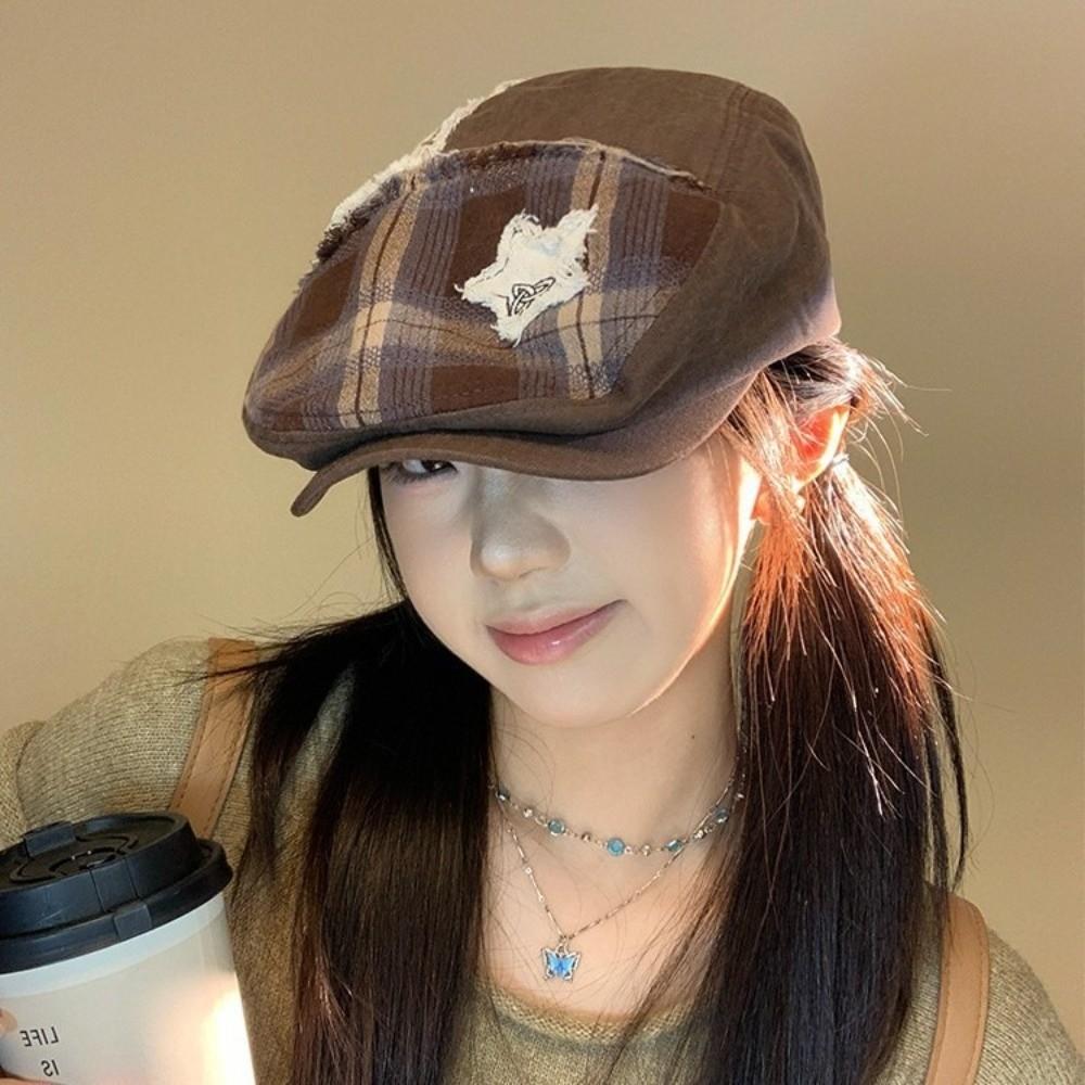 American Star Plaid Beret Y2k Painter Cap Trend Newsboy Cap  Outdoor