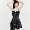 New Women's Black Floral Slip Dress Thin Strap Waist Cinching Bustier Dress Irregular Ruffle Hem Gothic Short Mini Skirt Subculture Girl Party Outfit