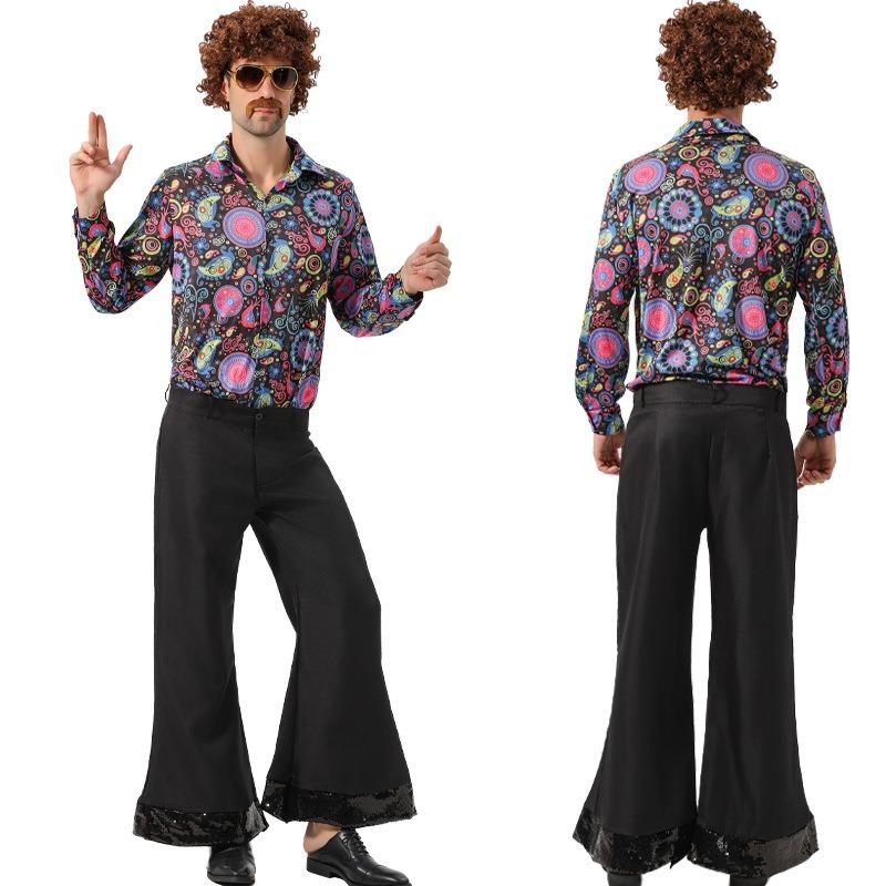 Halloween Men's Retro 70 Disco Hip Hop Suit Hippie Elvis Printed Shirt Set