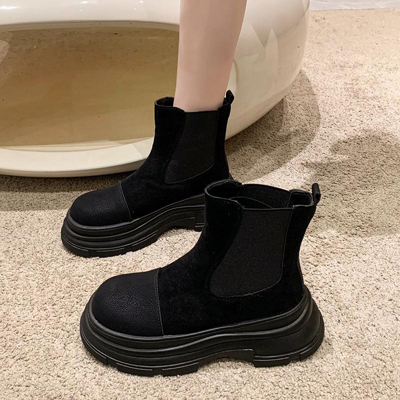 Fashion Versatile Solid Color Women's Boots Thick Sole Round Toe Ankle Boots Women's Fur Punk Goth Shoes Zapatos Mujer S09