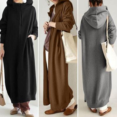 Dlouhý pletený kabát s kapucí a předním zipem, Oversized ležérní svetr/bunda v černé, hnědé, šedé barvě