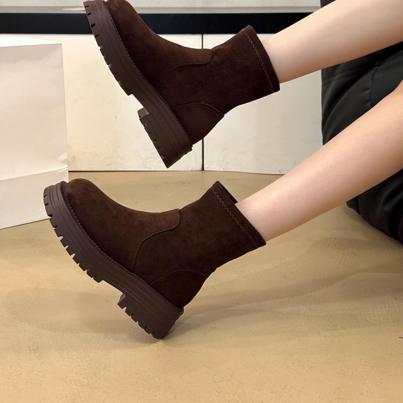 Original Autumn and Winter Thick-soled One-pedal Elastic Thick-heeled Martin Boots Low-heeled Leather Short Boots Thin Women's Boots