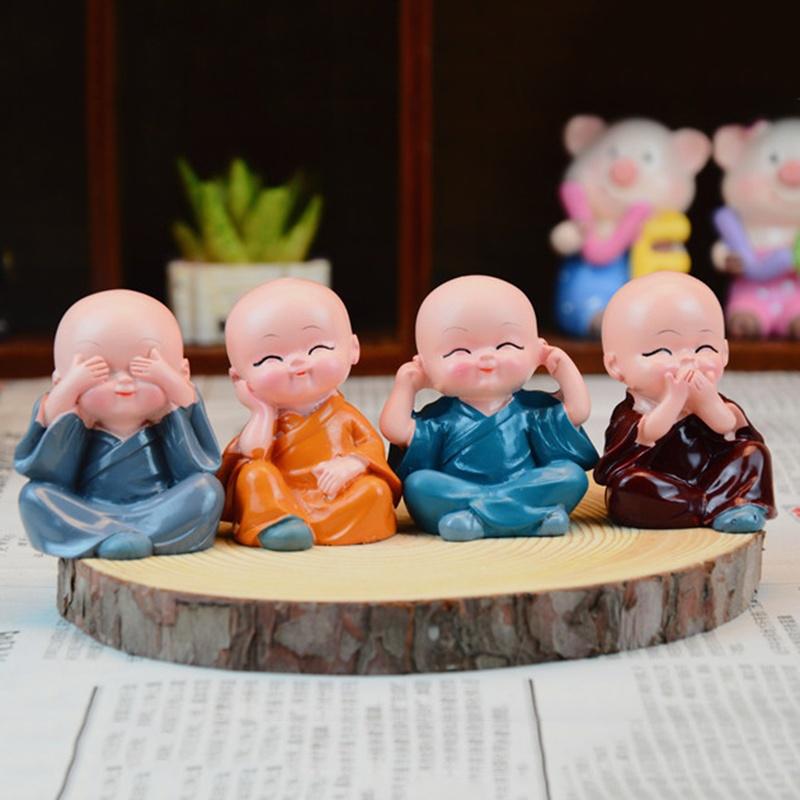 New 4Pcs Resin Crafts Gift Lovely Little Monk Sculptures Cute Monks Buddha Statues Creative Buddha Dolls Table Car Decoration