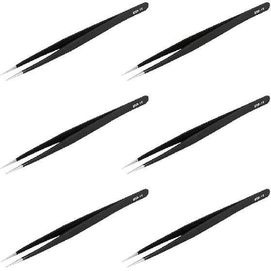 Aoje-Link ESD-13 Professional Anti-Static Technology Tweezers, Non-magnetic Flat and Round, Stainless Steel Plastic Coated, Full Length 120mm, Black,