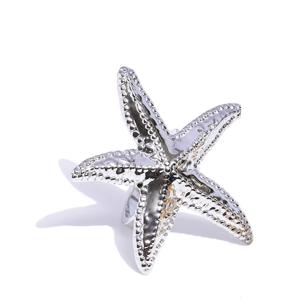 Yhpup Summer Stainless Steel Hammer Metal Starfish Adjustable Ring Tarnish Resistant Texture Fashion Finger Jewelry Wholesale