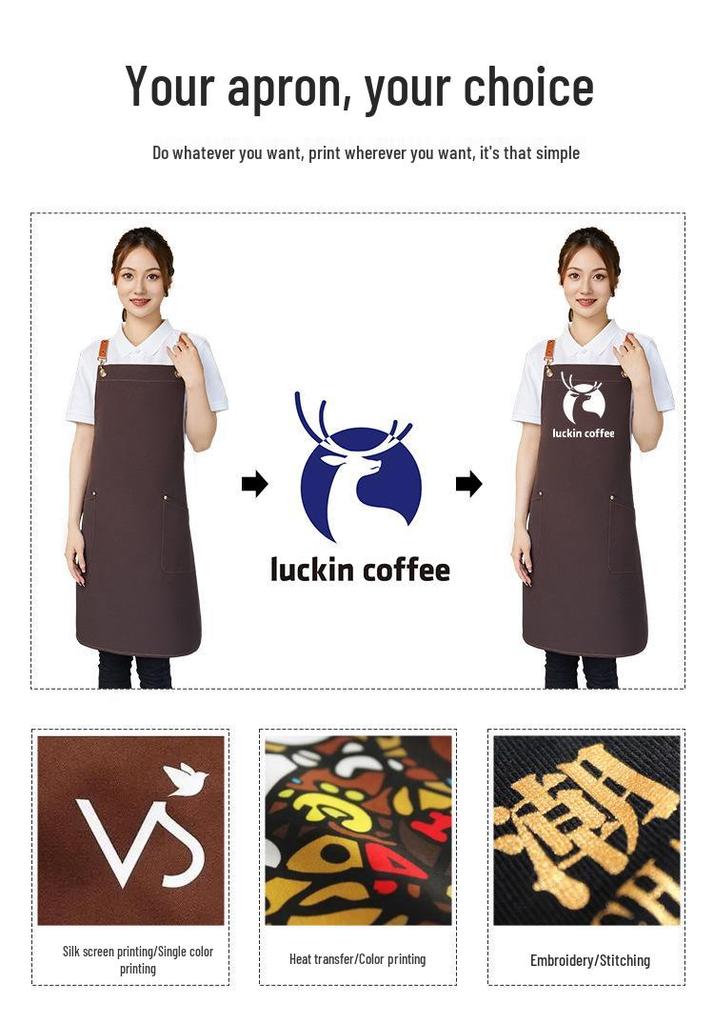 Customized Women's Canvas Apron and Hat Set with Logo for Supermarket and Milk Tea Restaurant Staff.