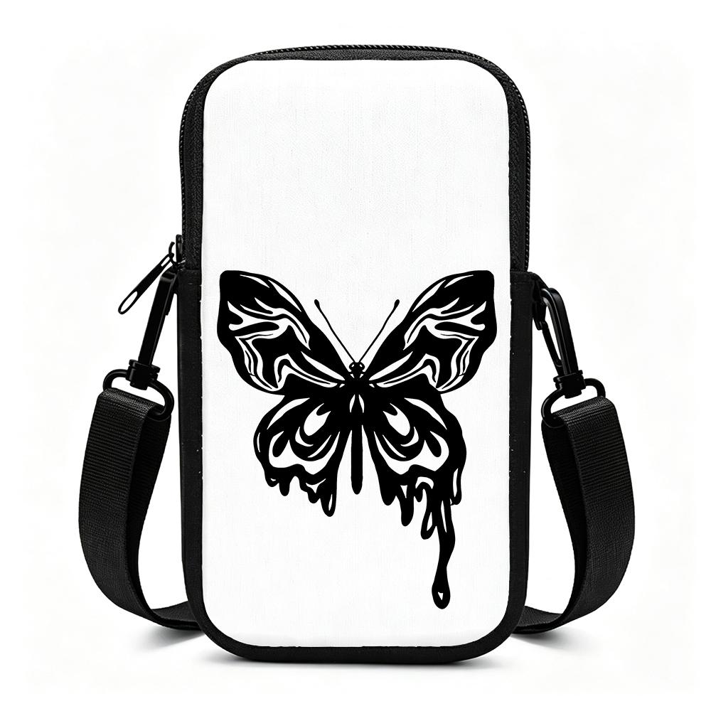 2D-Stylish Black Dripping Butterfly Crossbody Phone Bag, Adjustable Removable Strap Zipper Small Shoulder Purse for Women Daily Travel Party