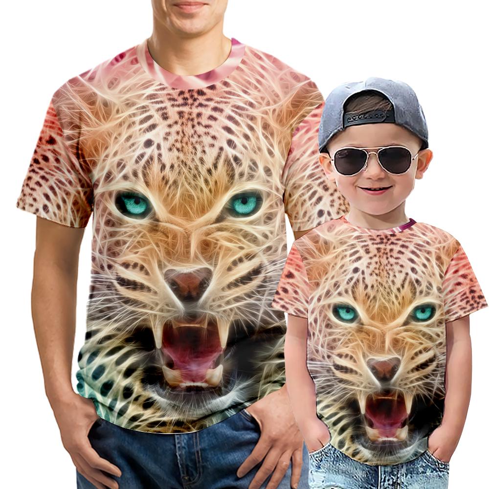 Футболки с леопардовым принтом, семейные рубашки для родителей и детей для мужчин и детей, повседневный стильный мужской костюм для подростков 70 чёрный