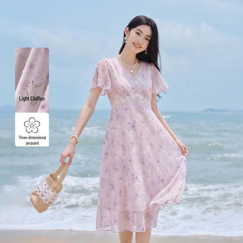 V-Neck Flutter Sleeve A-Line Floral Dress S