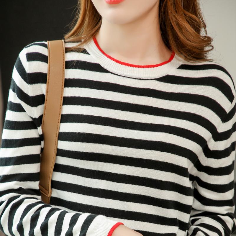 Combed Cotton Thread Round Neck Striped Sweater for Women In Spring and Autumn Cotton Thread Long-sleeved T-shirt Sea Soul Top Comfortable Fit Base