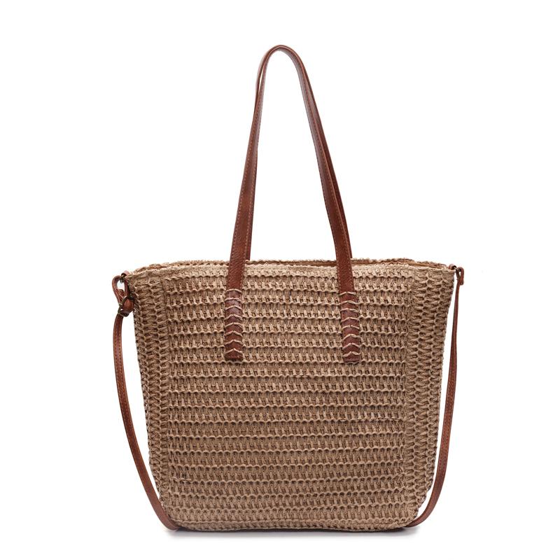 Woven Straw Tote Bag with Braided Leather Handles for Women Beach Vacation Summer Casual Boho Chic Style хаки