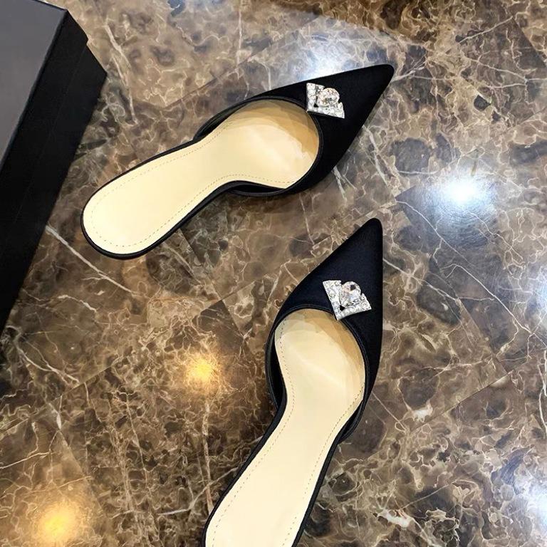 Sun Zhihui Pointed Head Shallow Mouth High Heels Women's Thin Heel Bag Head Drag Square Buckle Rhinestone Sexy Temperament Versatile Half Drag Slipper