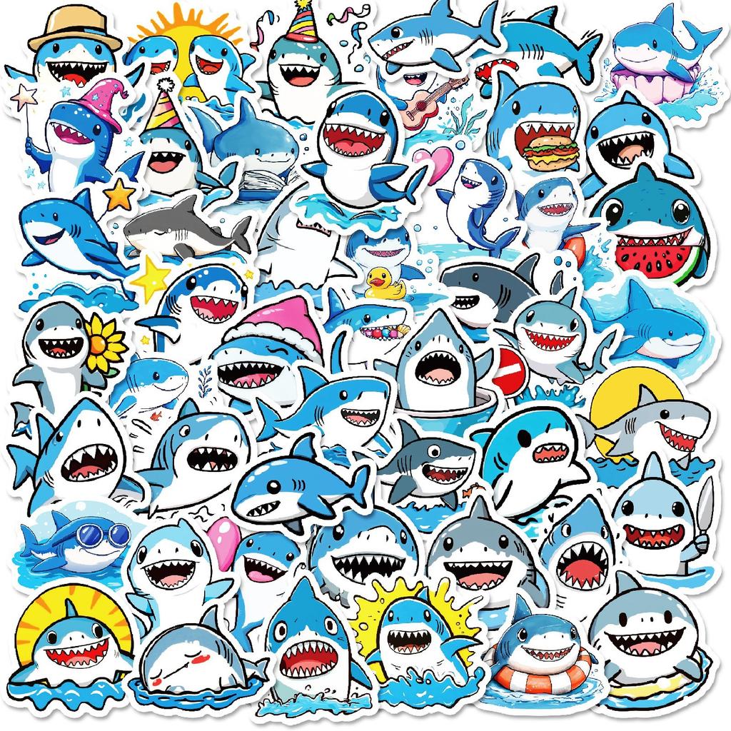 New 50 Cute Shark Personality Creative Stickers Mobile Phone Notebook Water Cup Suitcase Waterproof Stickers