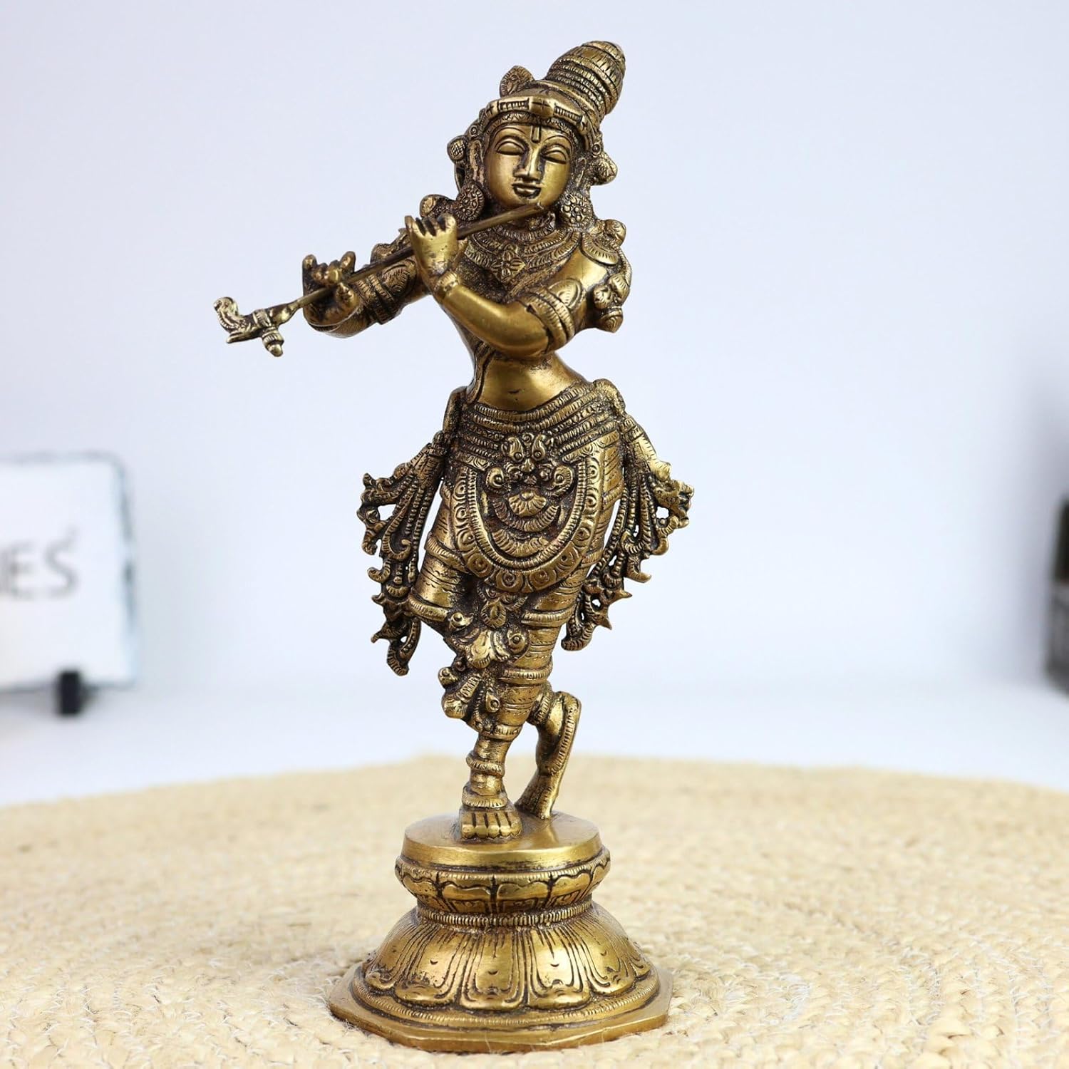 

Divine Lord Krishna Murti, Golden Krishna Idol, Brass, Gold, Religious -10 Inch