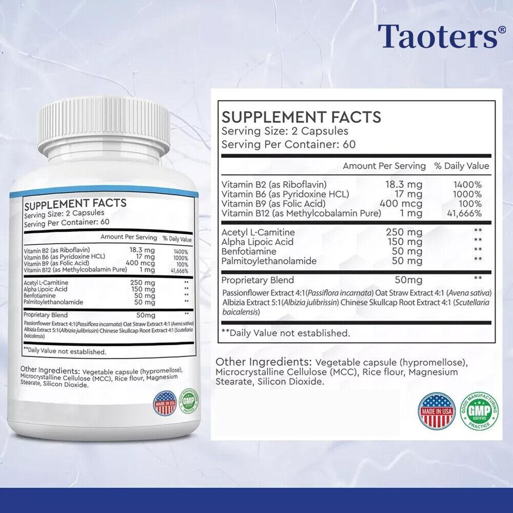 Taoters Nervenunterstützungsformel Nahrungsergänzungsmittel, mit Acetyl-L-Carnitin, Alpha-Liponsäure, Benfotiamin, Palmitoylethanolamid, Vitaminen B2, B6, 120 Kapseln