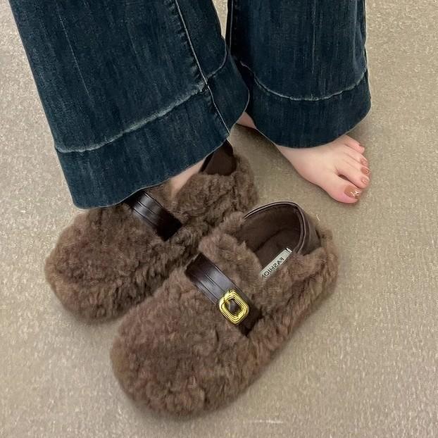 Fashion retro versatile Doudou cotton shoes women's 2025 autumn and winter new soft-soled thin shoes with a pedal on shit