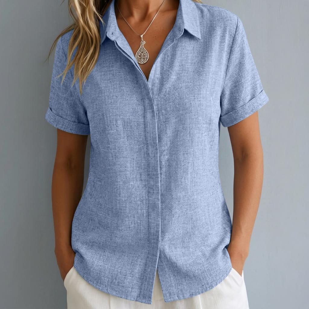 Women Short Sleeve Button Down Shirt Collared Casual Loose Fit Imitation Linen Blouse Lightweight Summer Top for Daily Wear