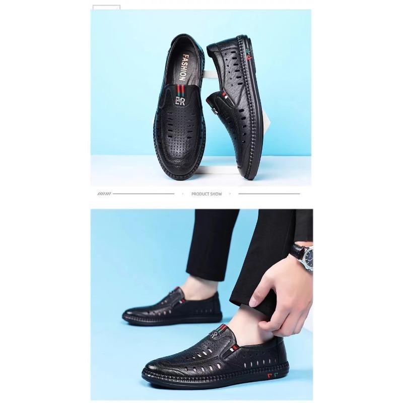 New Men Genuine Leather Sandals, Business Perforated Hollow Dad Leather Shoes, White Soft Sole Hollow-out Casual Footwear