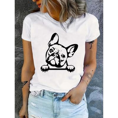 Summer & Spring Women's Clothing Dog Print T-shirt Sleeve Crew Neck Casual Aesthetic Clothes