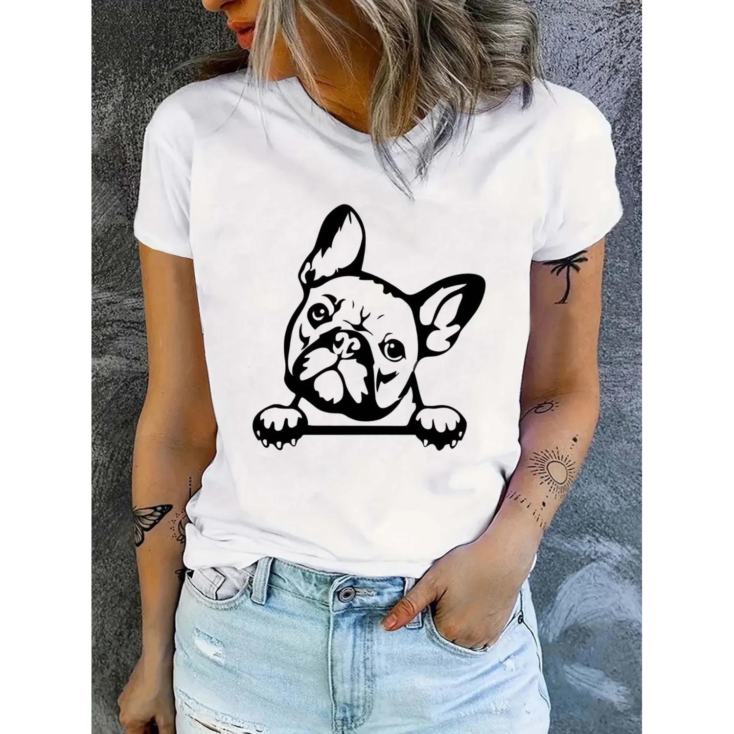 Летняя и Весенняя Женская Одежда Футболка с Принтом Собаки Короткий Рукав Круглый Вырез Повседневная Эстетичная Одежда S