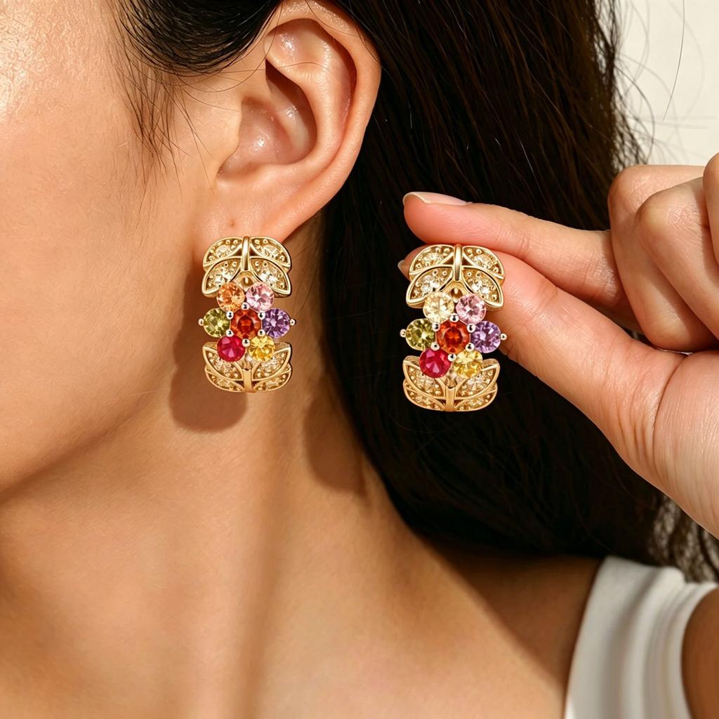 Geometric Leaf Colorful Rhinestone Stud Earrings European Niche Light Luxury All-Match Temperament Ladies Daily Pierced Jewelry
